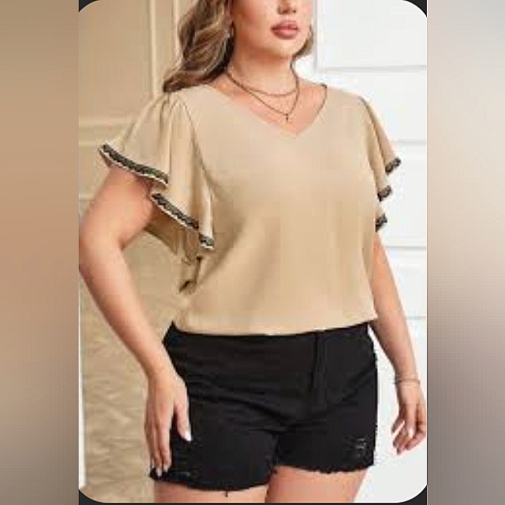 Contrast Binding Flounce Sleeve V Neck Tan & Black Blouse Women's XL (14)